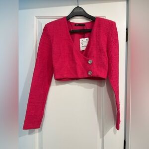 Zara Cropped Pink Tweed Blazer with Decorative Buttons